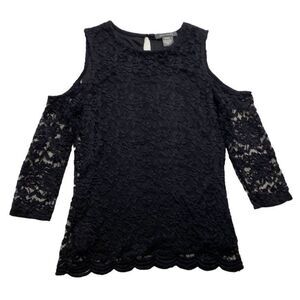 Suzy Shier Black Lace Cold Shoulder Top sz‎ Medium NEW